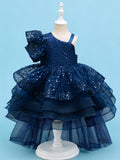 Blisseven royal blue girls one shoulder sequin princess dress front view