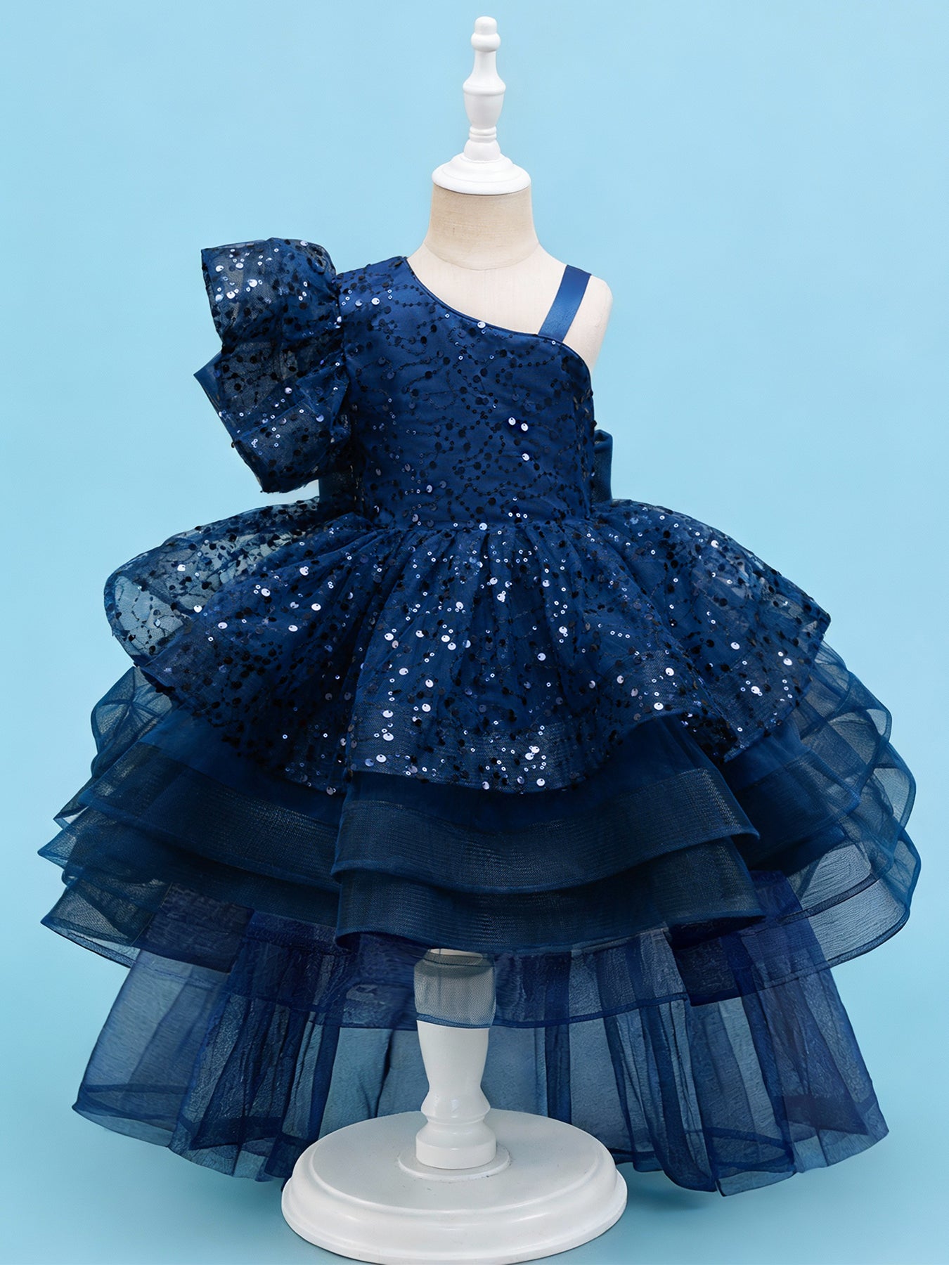 Blisseven royal blue girls one shoulder sequin princess dress front view