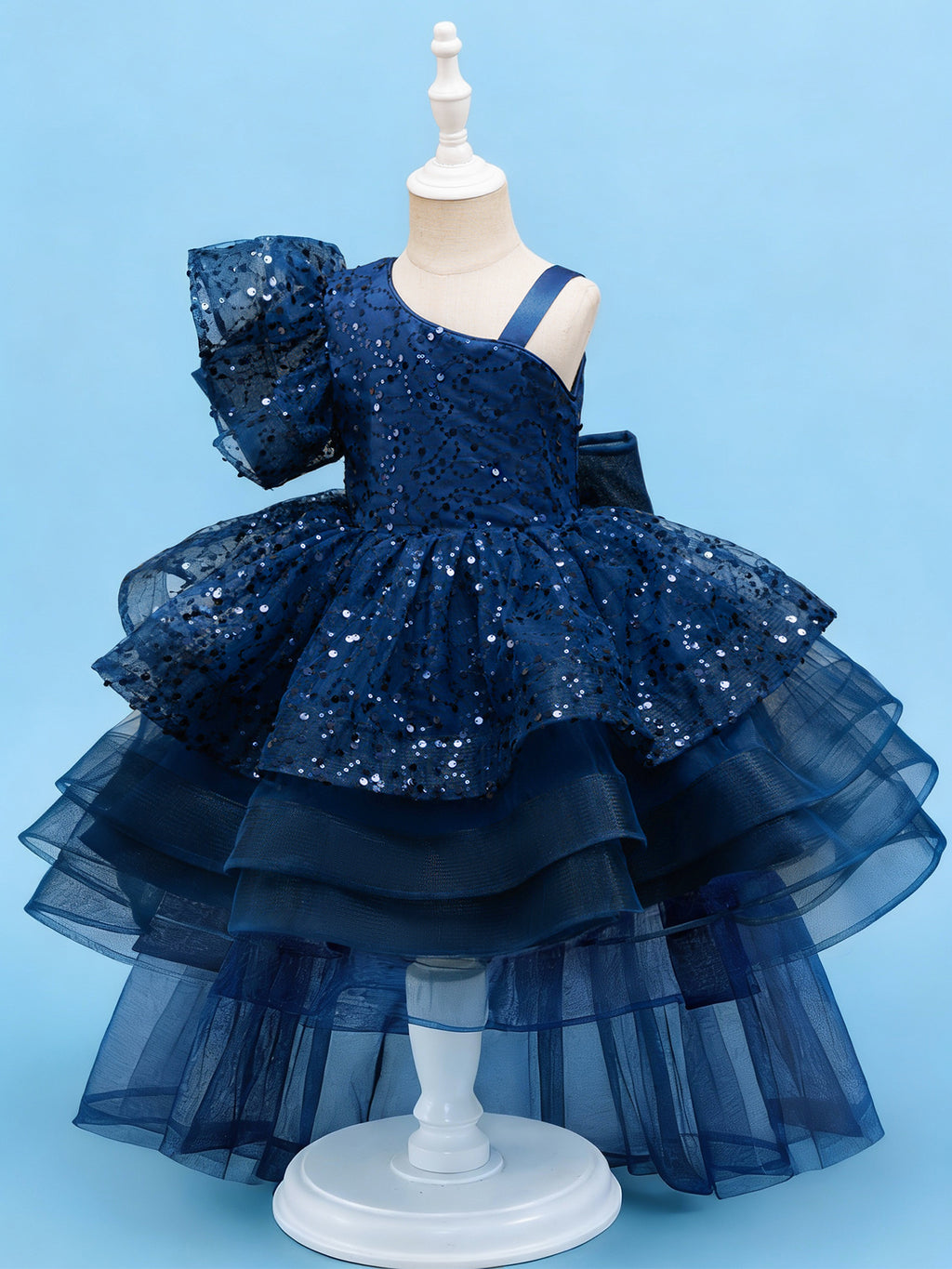 Blisseven royal blue girls party dress side view with high low tulle skirt