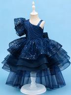 Blisseven royal blue girls party dress side view with high low tulle skirt
