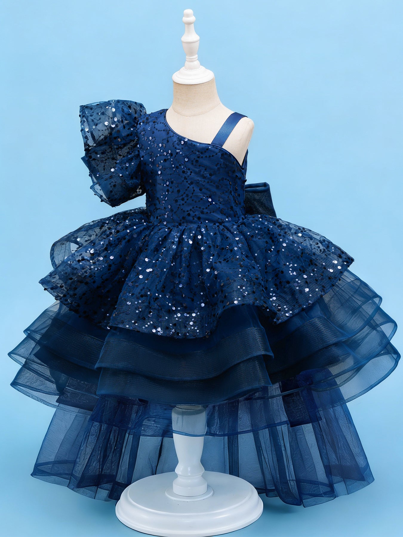 Blisseven royal blue girls party dress side view with high low tulle skirt