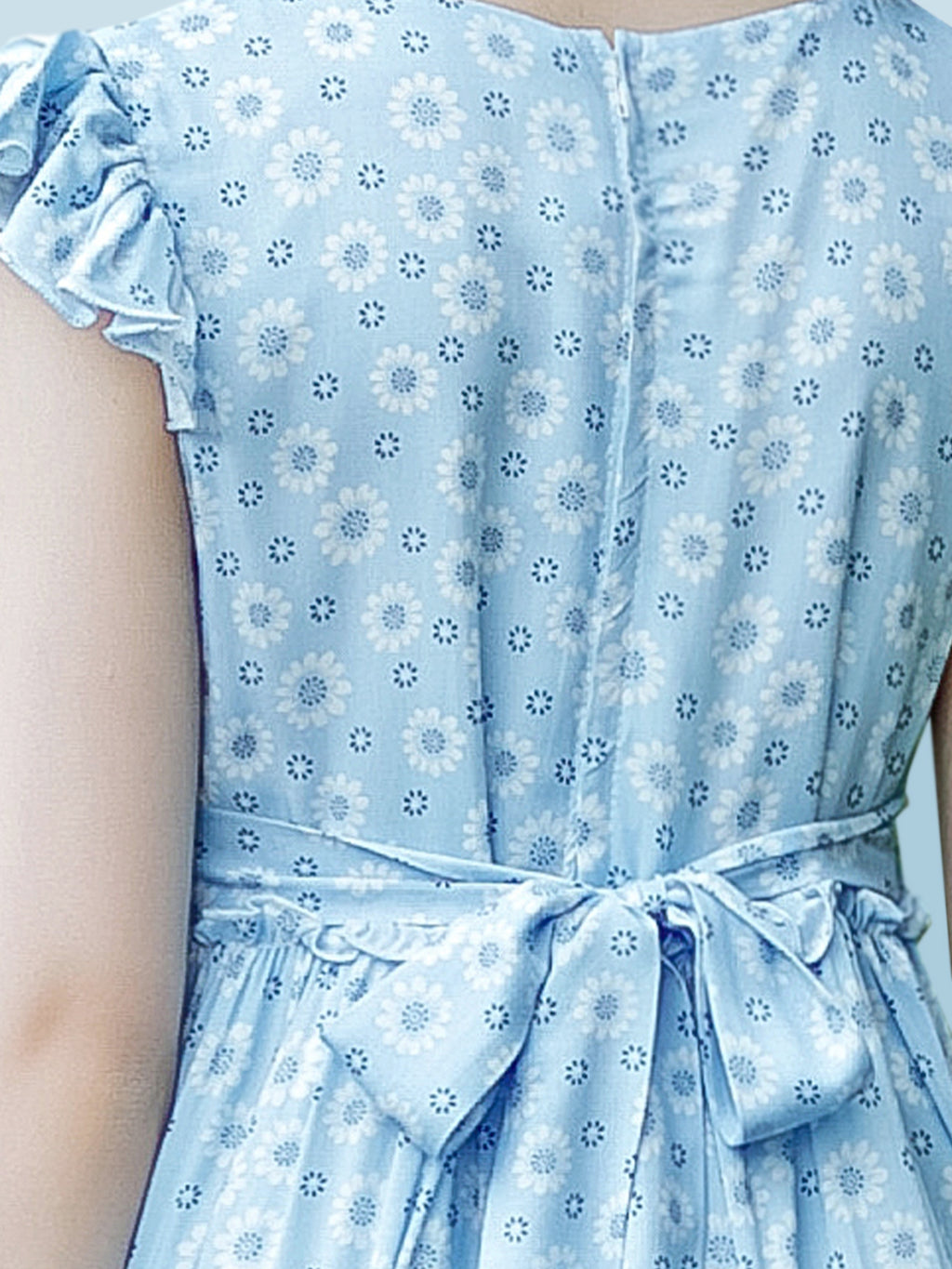 Blisseven sky blue girls floral dress back view with waist tie