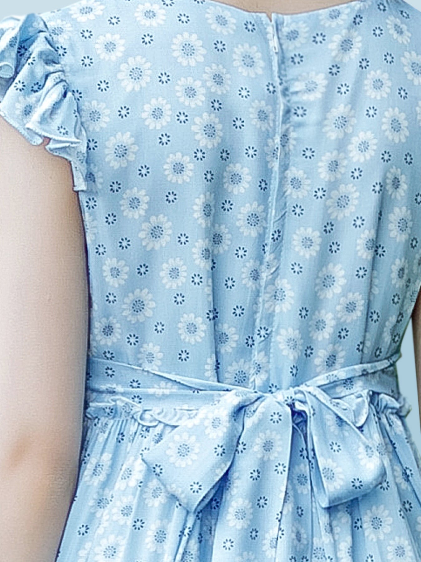 Blisseven sky blue girls floral dress back view with waist tie