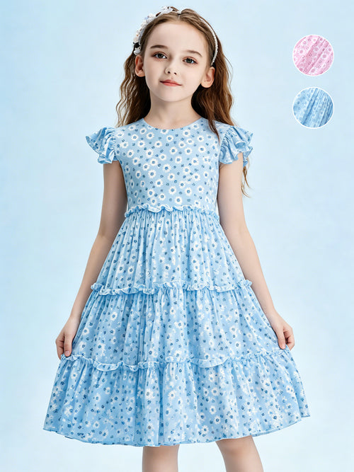 Blisseven sky blue girls floral tiered ruffle dress front view