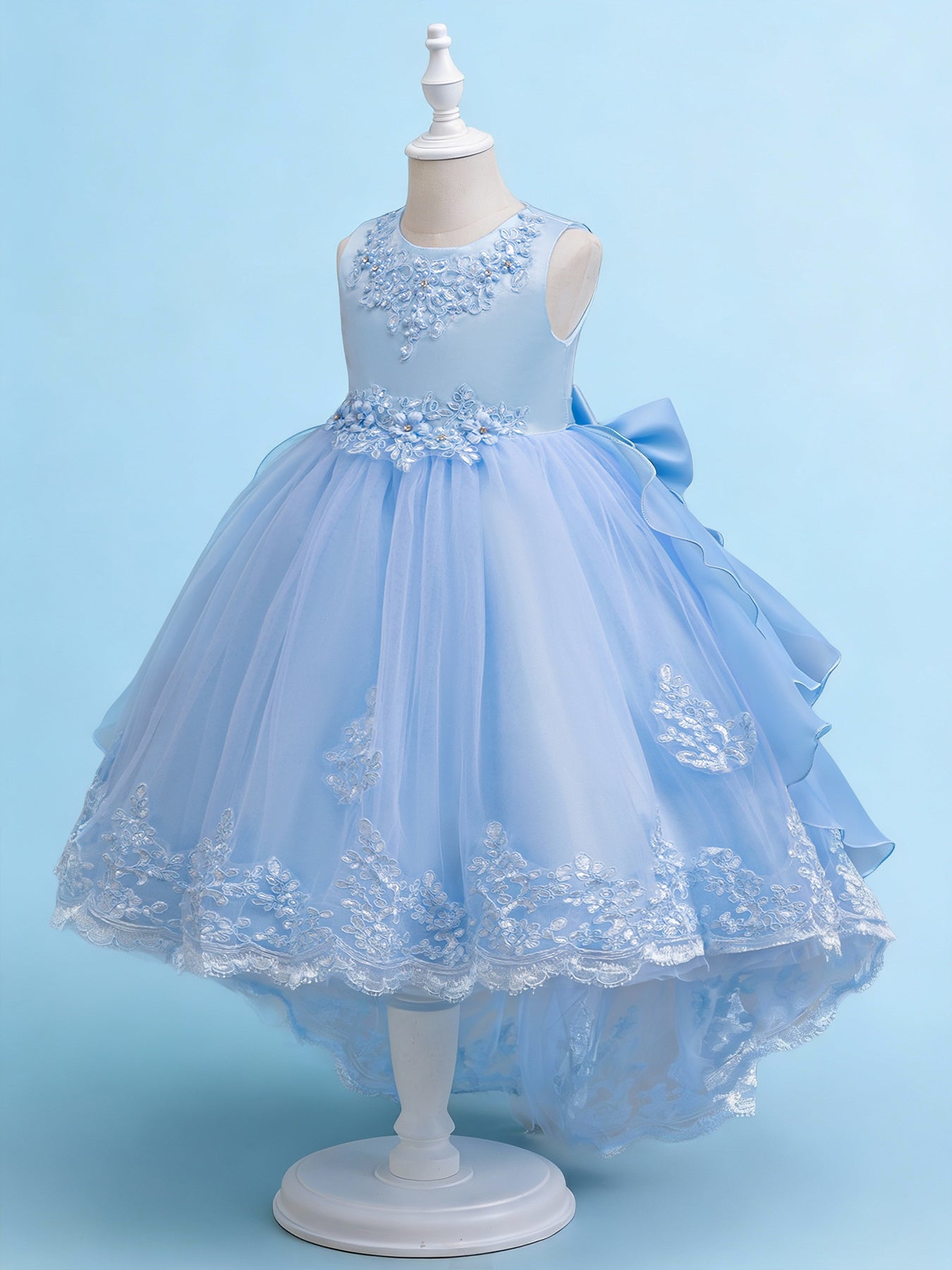 Blisseven sky blue flower girl tulle dress side view with high low skirt