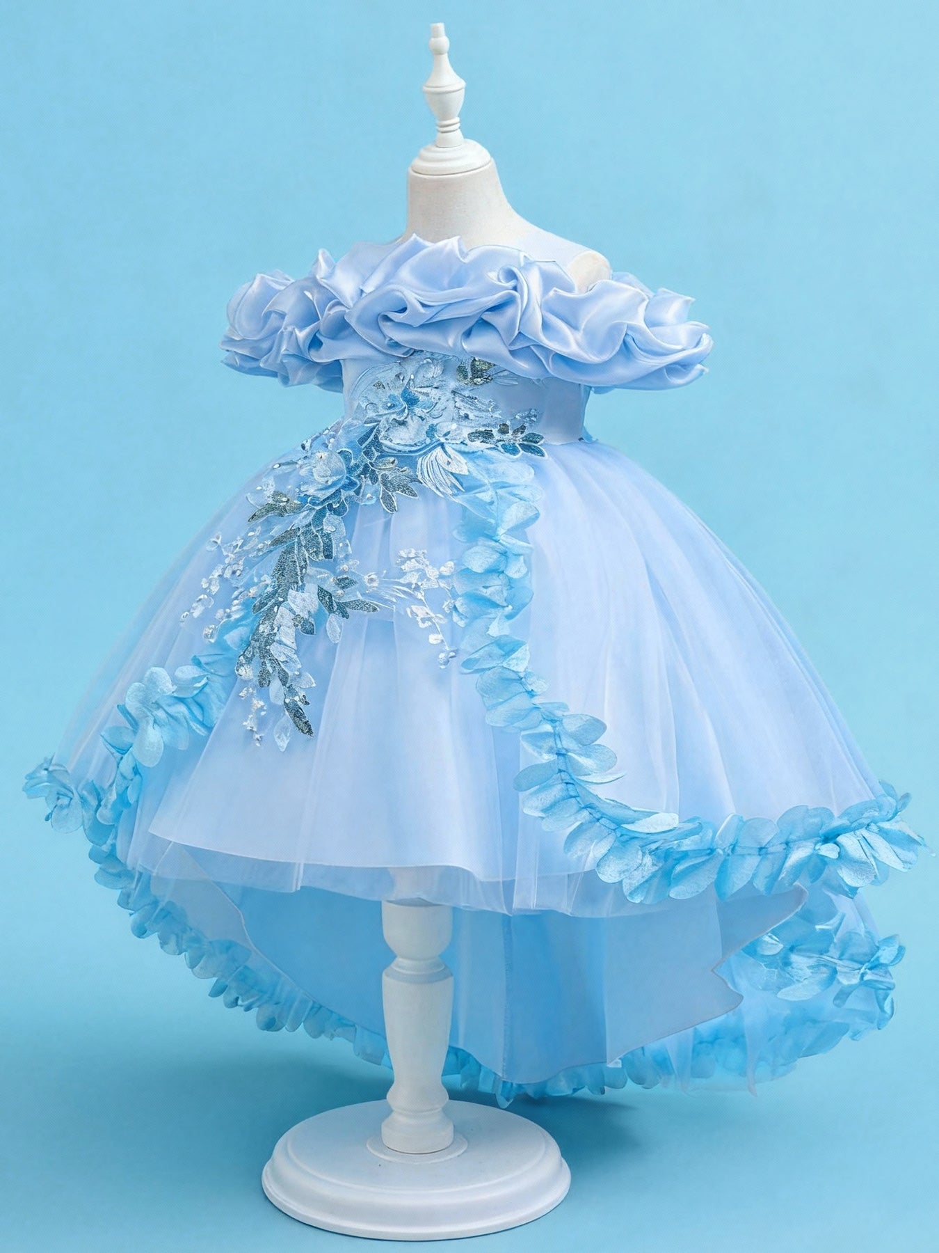 Blisseven sky blue flower girl tulle dress with high low skirt side view