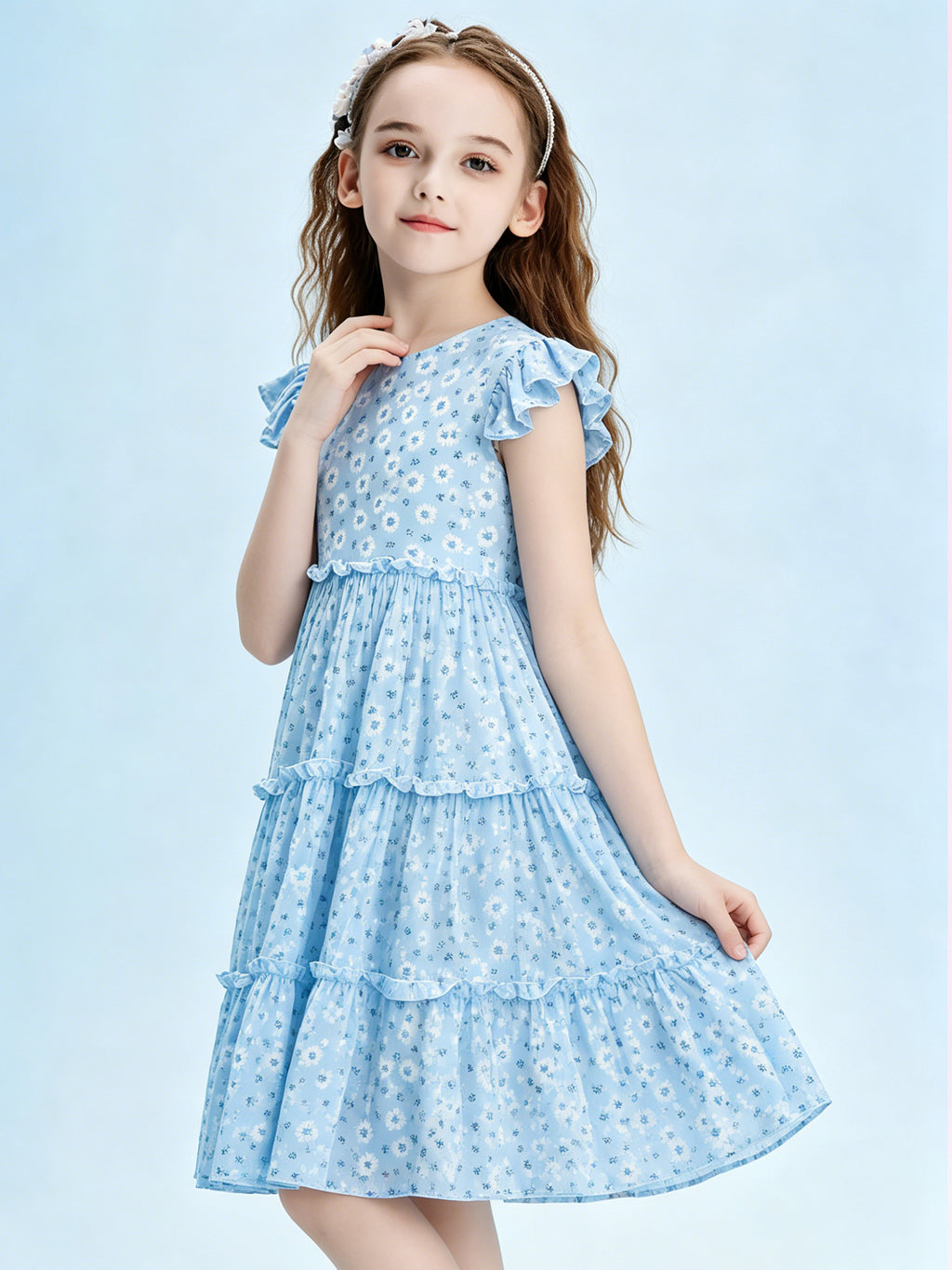 Blisseven sky blue girls dress close up with flutter sleeve details