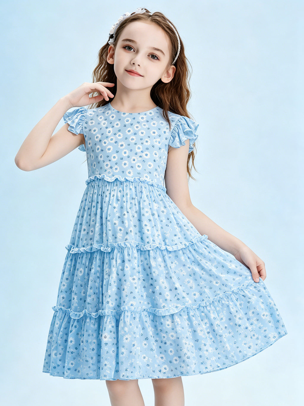 Blisseven sky blue girls summer floral dress side view with flutter sleeves