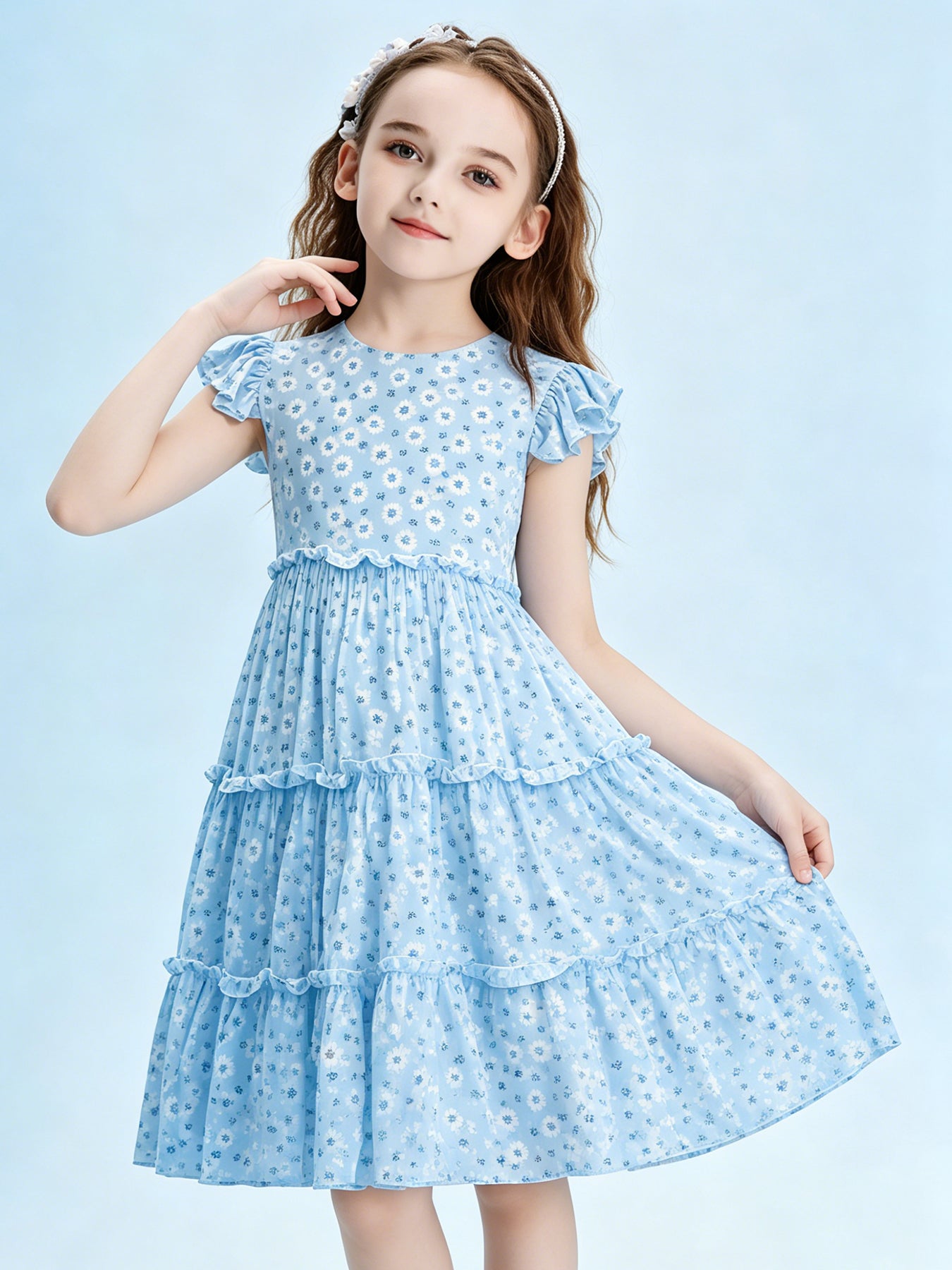 Blisseven sky blue girls summer floral dress side view with flutter sleeves