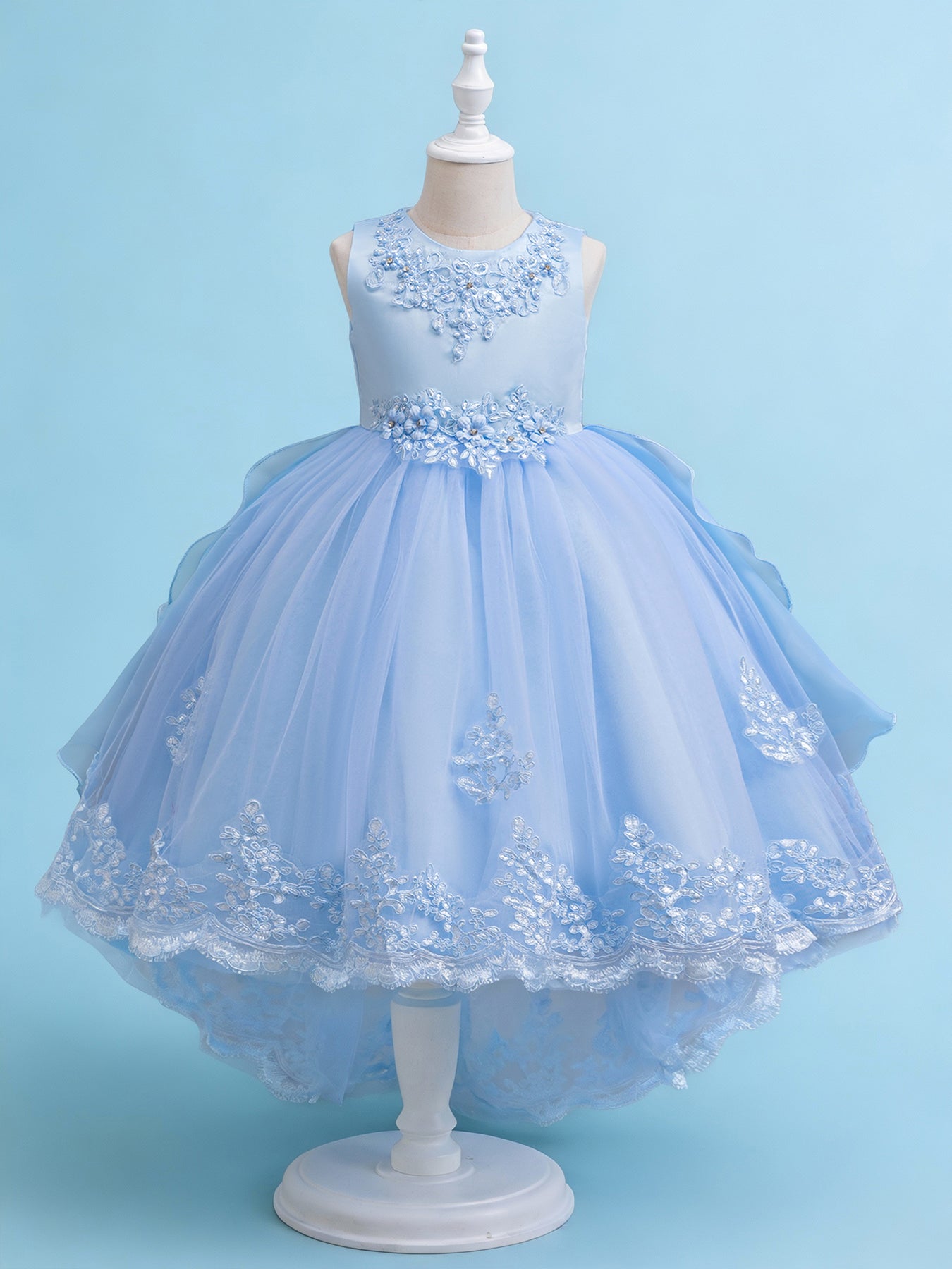 Blisseven sky blue girls high low lace princess dress front view