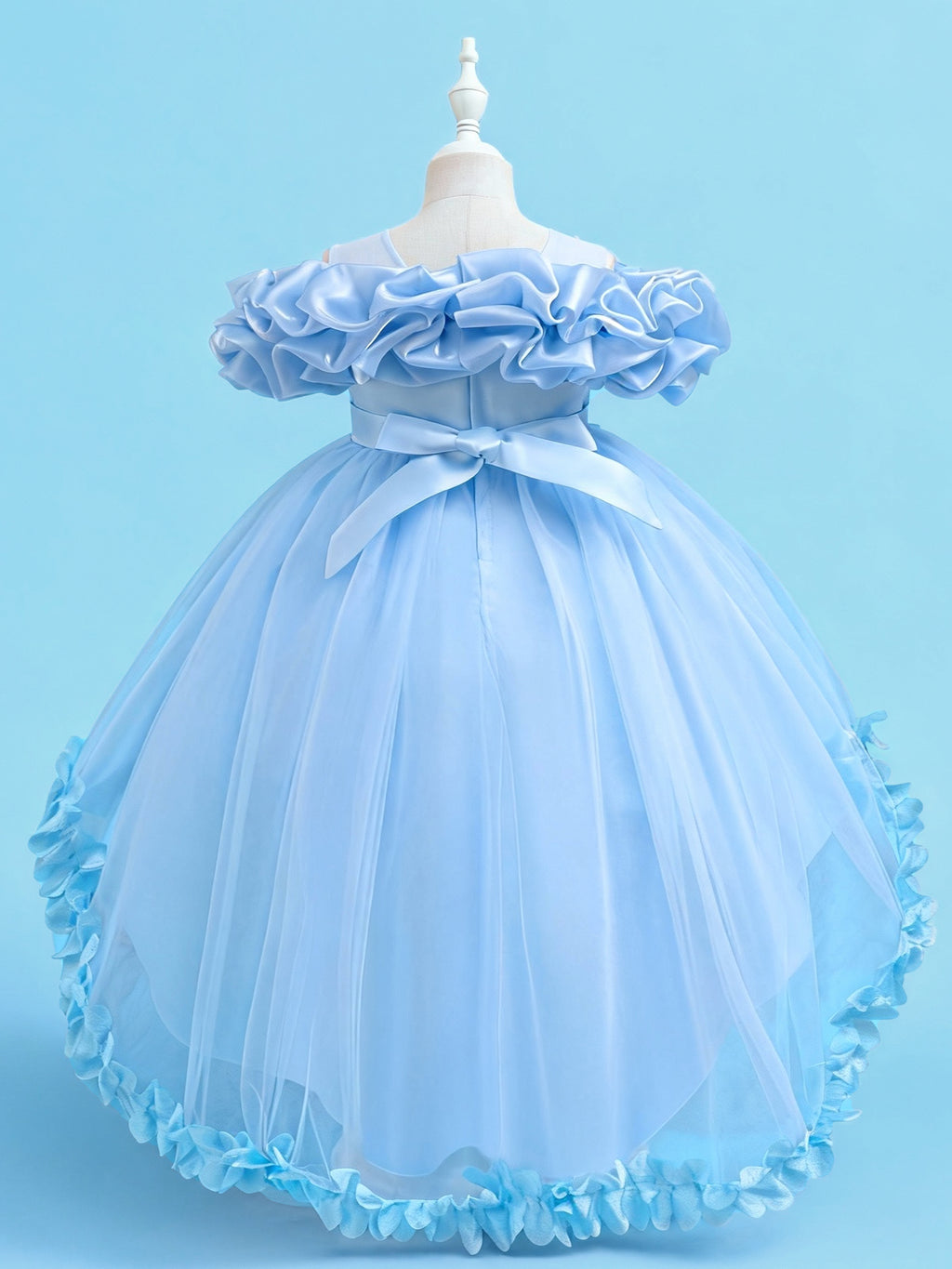 Blisseven sky blue girls high low princess dress back view with bow detail