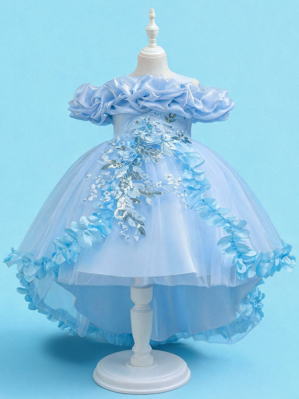 Blisseven sky blue girls high low 3D floral princess dress front view