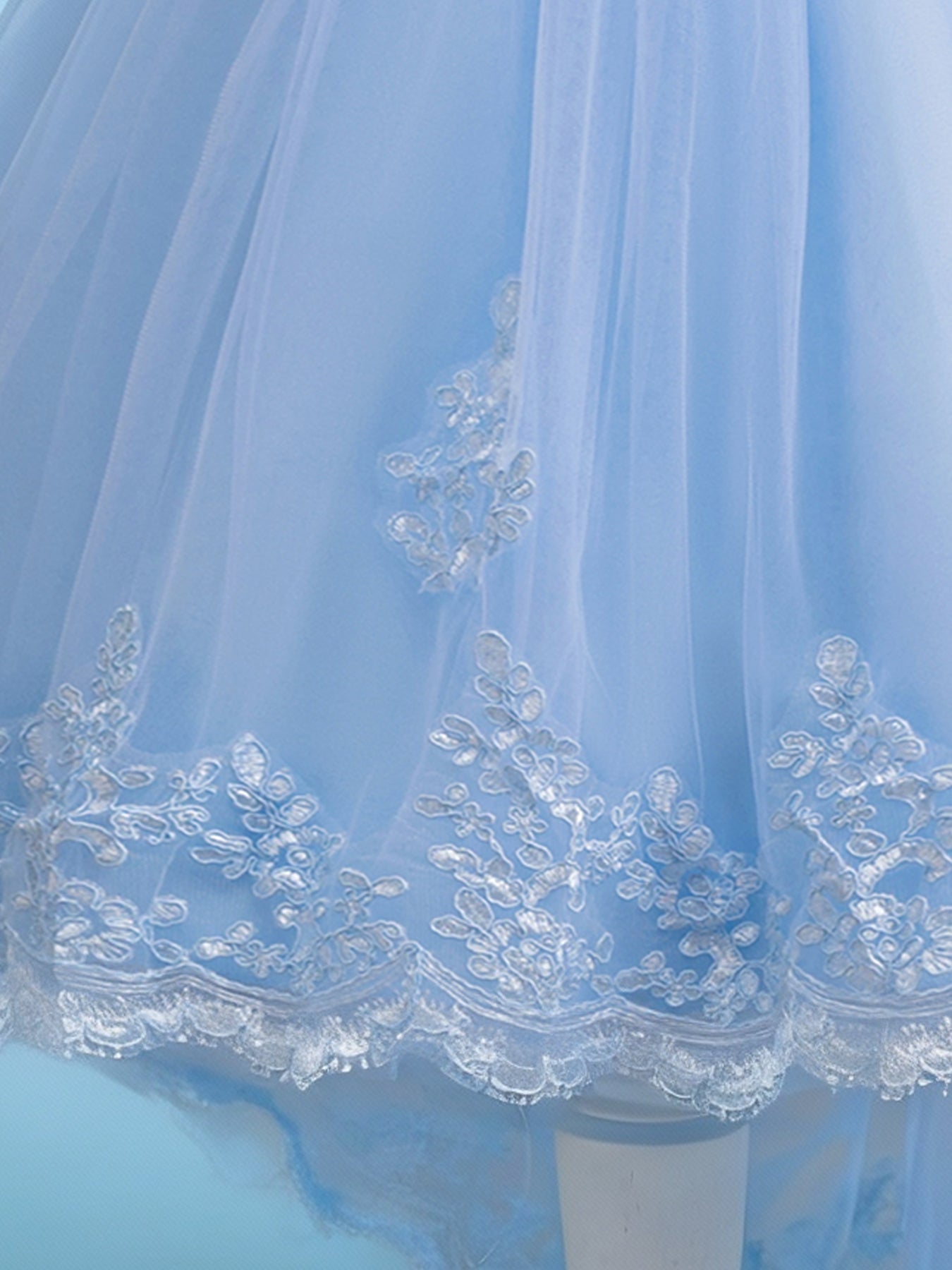 Blisseven sky blue flower girl dress with lace hem detail