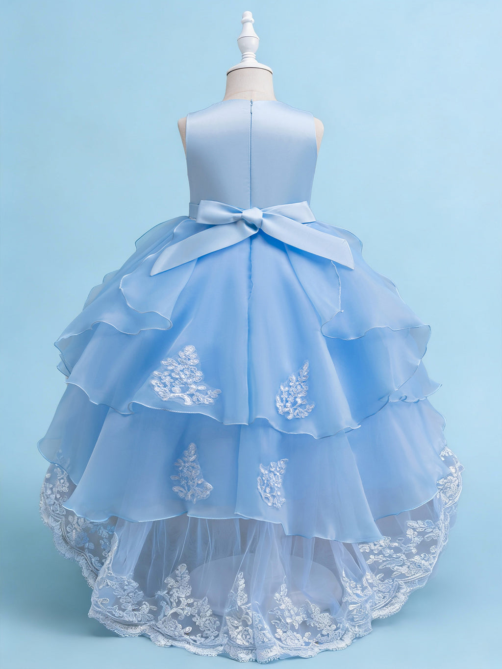 Blisseven sky blue girls lace princess dress back view