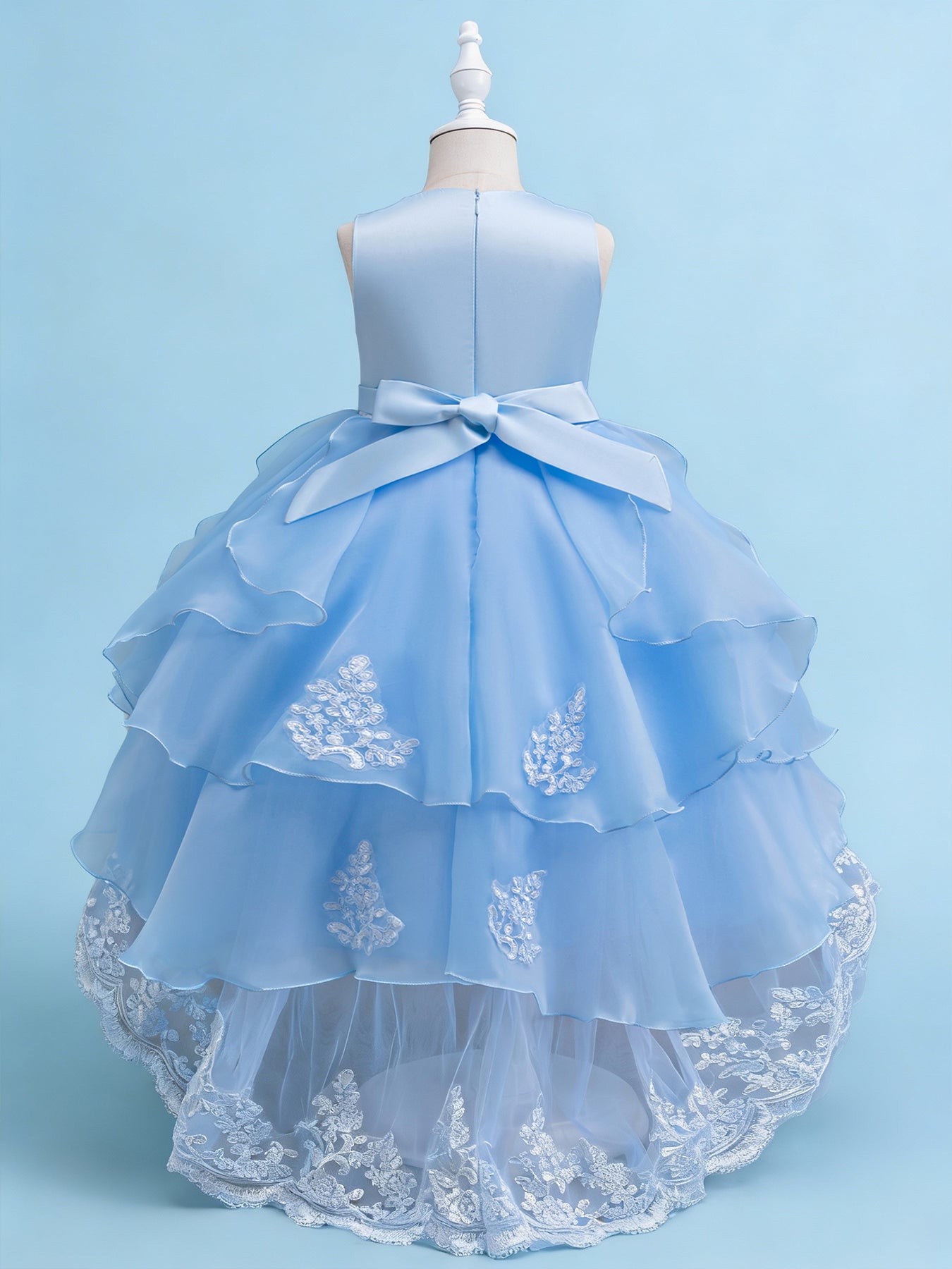 Blisseven sky blue girls lace princess dress back view
