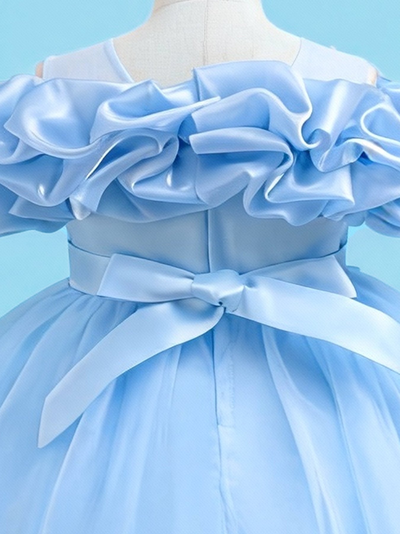 Blisseven sky blue girls party dress with layered tulle high low skirt detail