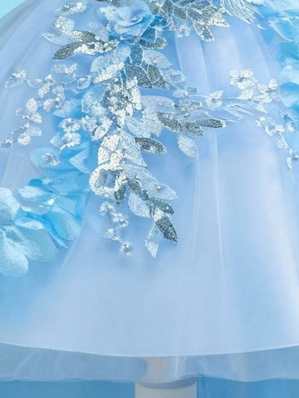 Blisseven sky blue girls princess dress with sparkling floral applique bodice detail