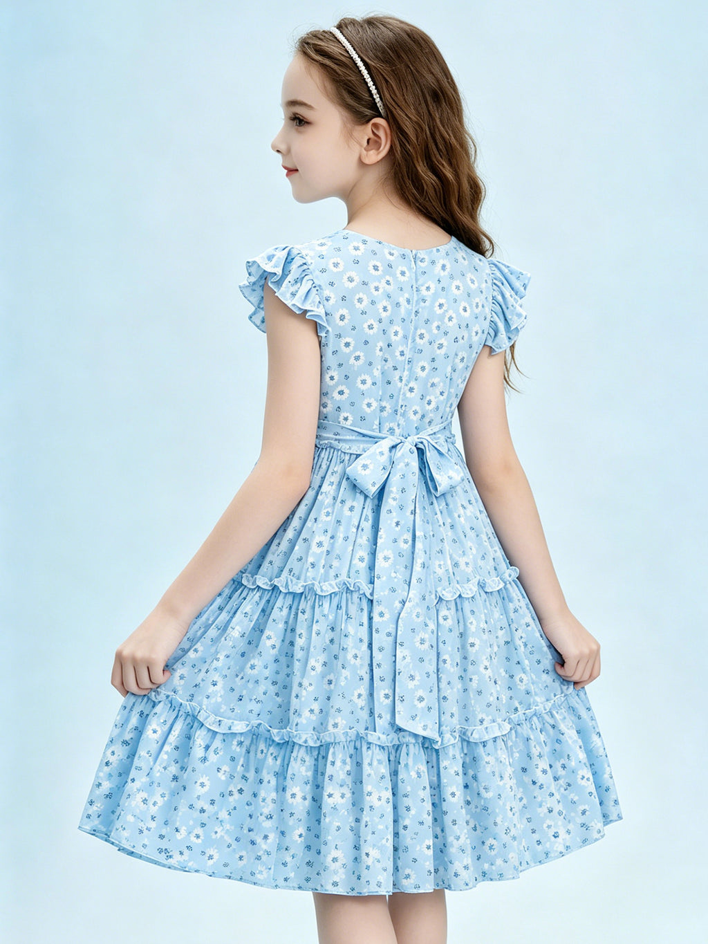 Blisseven sky blue girls summer dress styled for outdoor wear