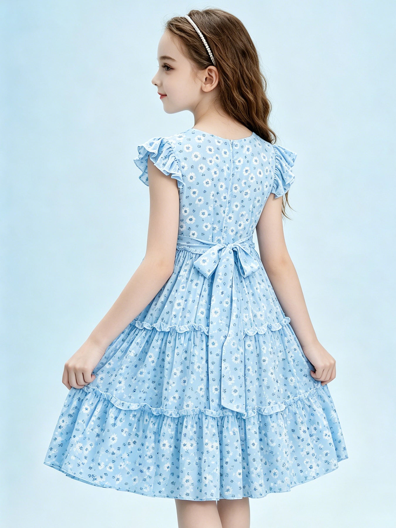 Blisseven sky blue girls summer dress styled for outdoor wear