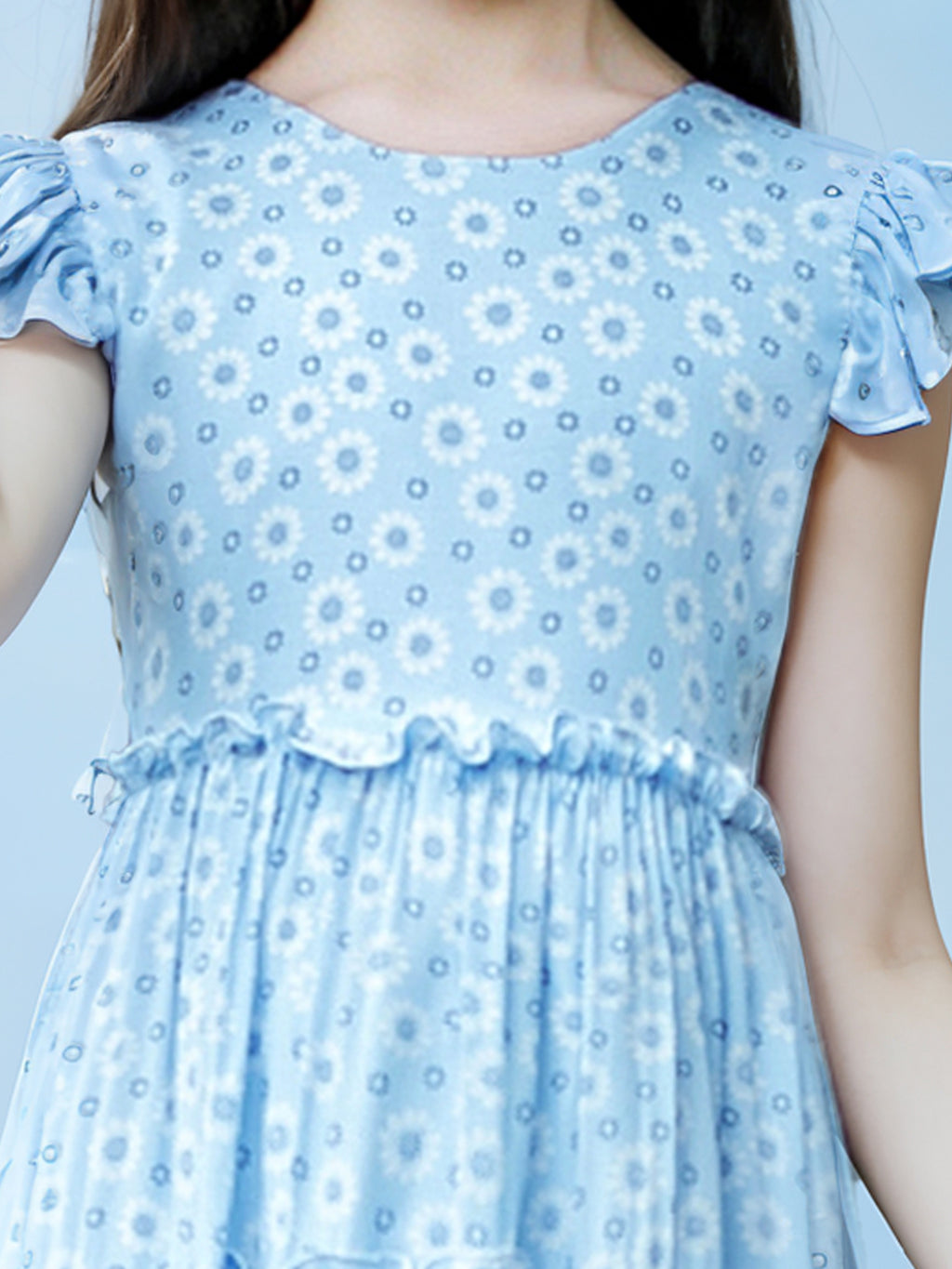 Blisseven sky blue girls floral dress with tiered ruffle skirt detail