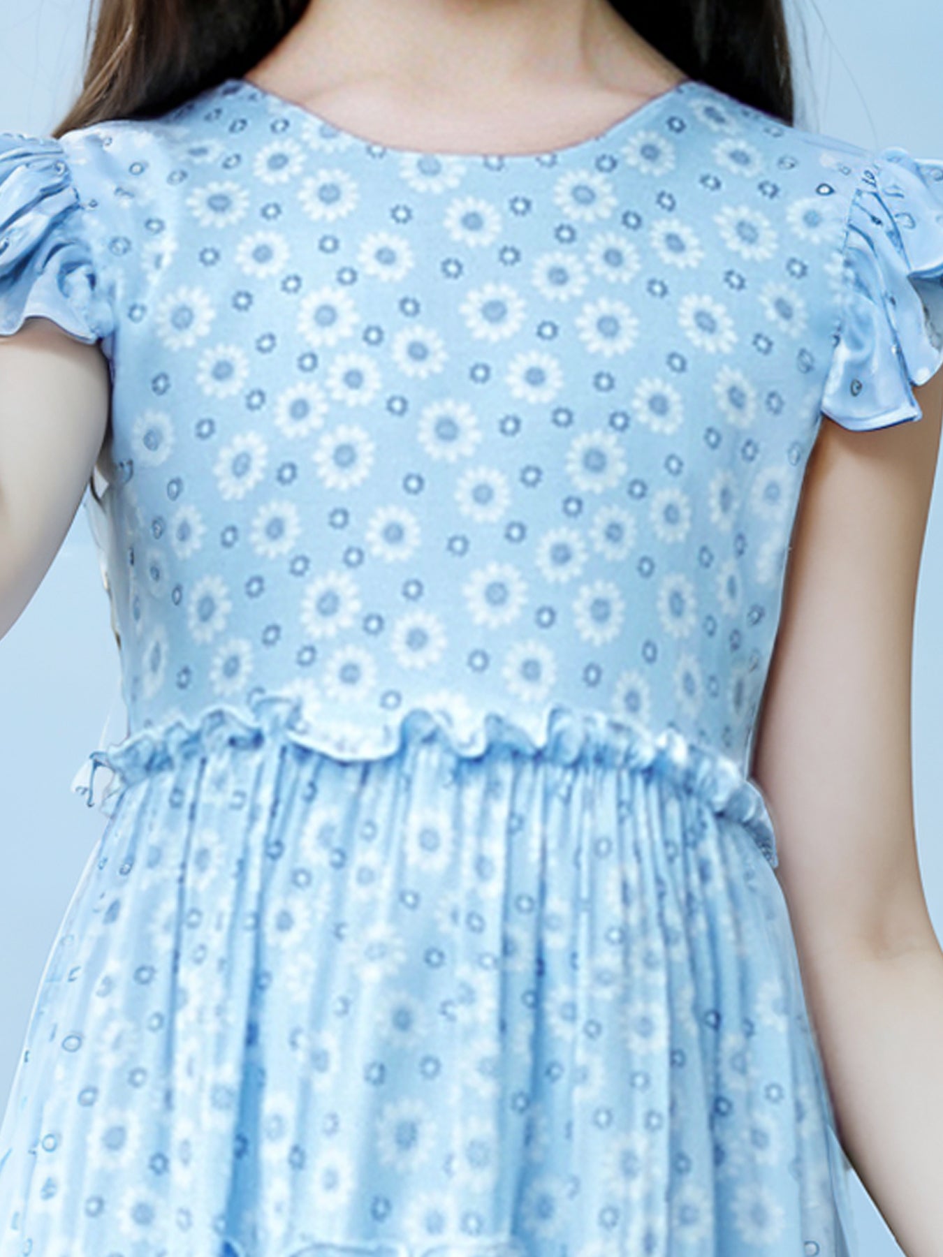 Blisseven sky blue girls floral dress with tiered ruffle skirt detail