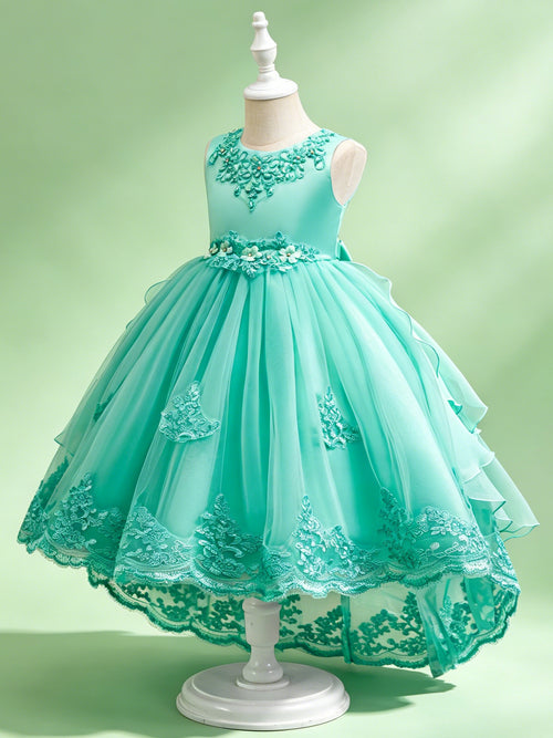 Blisseven teal flower girl tulle dress side view with high low skirt