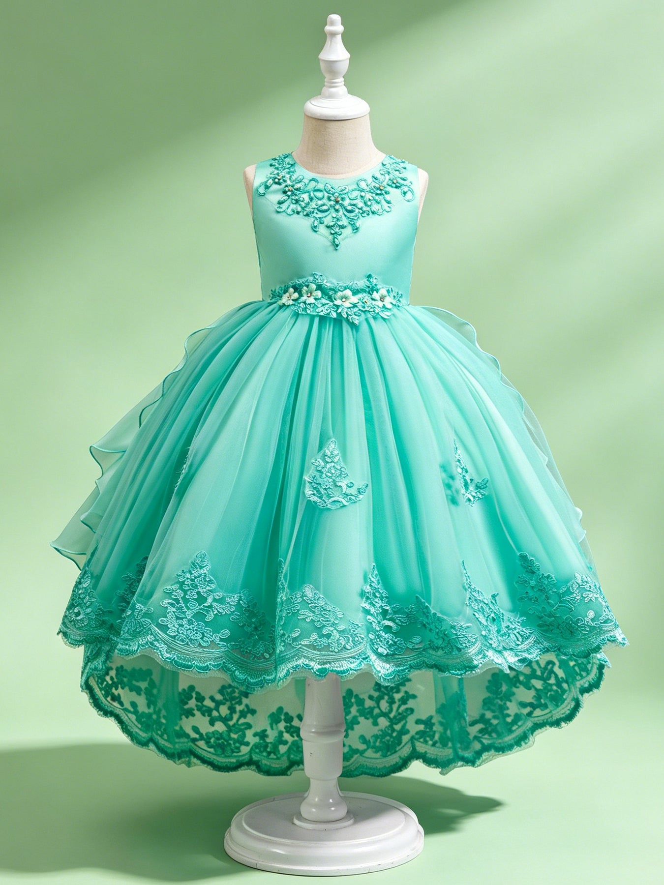 Blisseven teal girls high low lace princess dress front view