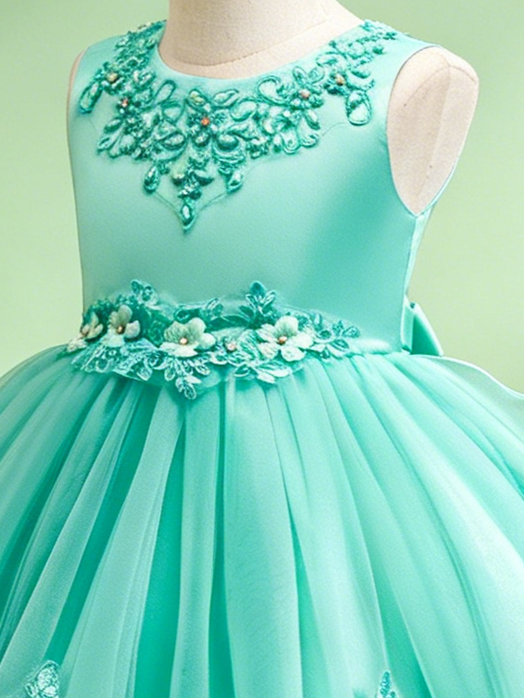 Blisseven teal girls dress close up with floral lace bodice details