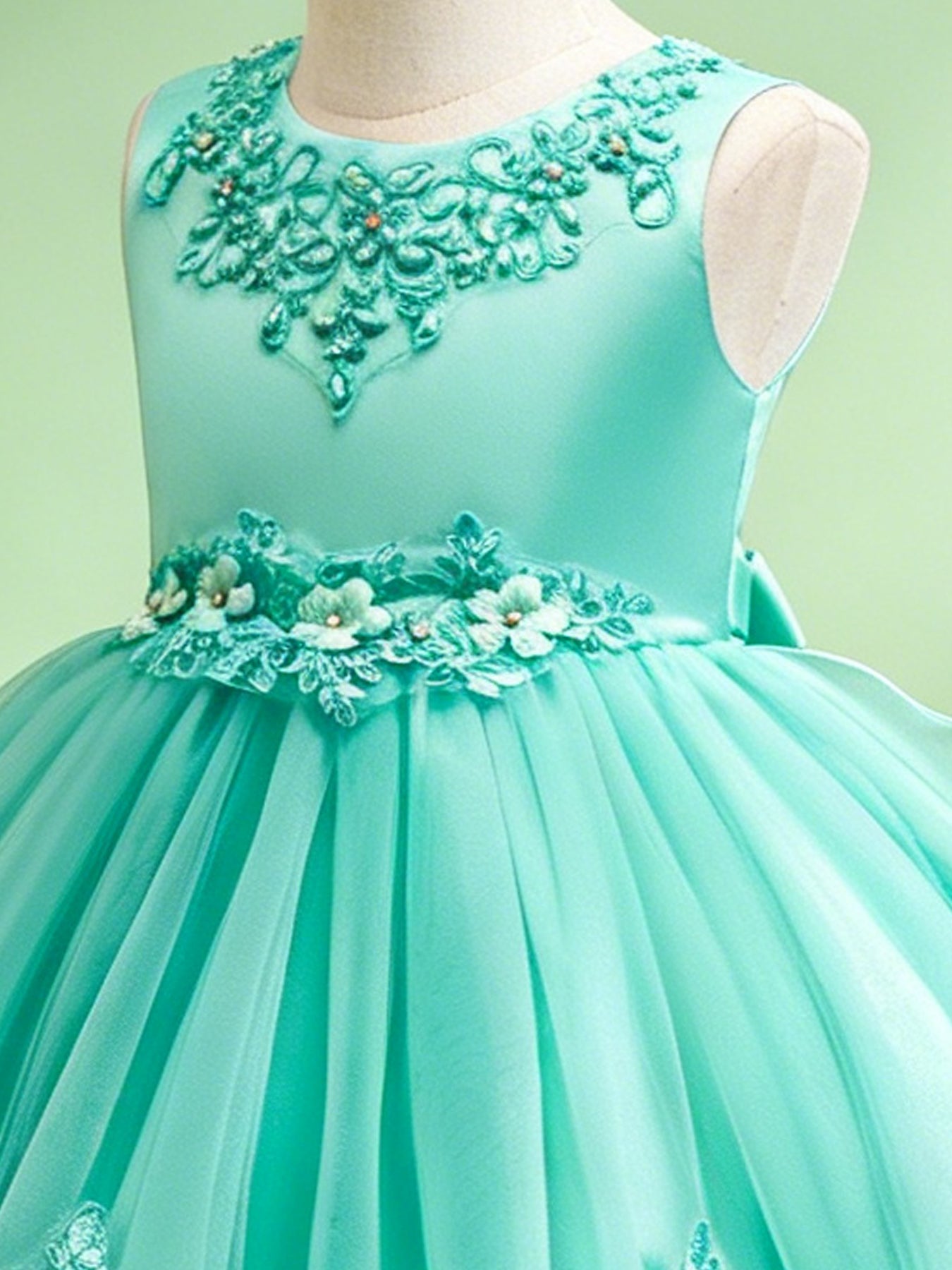 Blisseven teal girls dress close up with floral lace bodice details