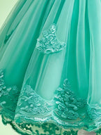 Blisseven teal flower girl dress with lace hem detail