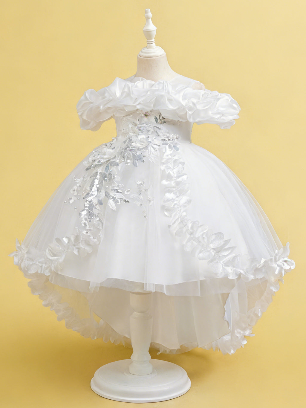 Blisseven white flower girl tulle dress with high low skirt side view