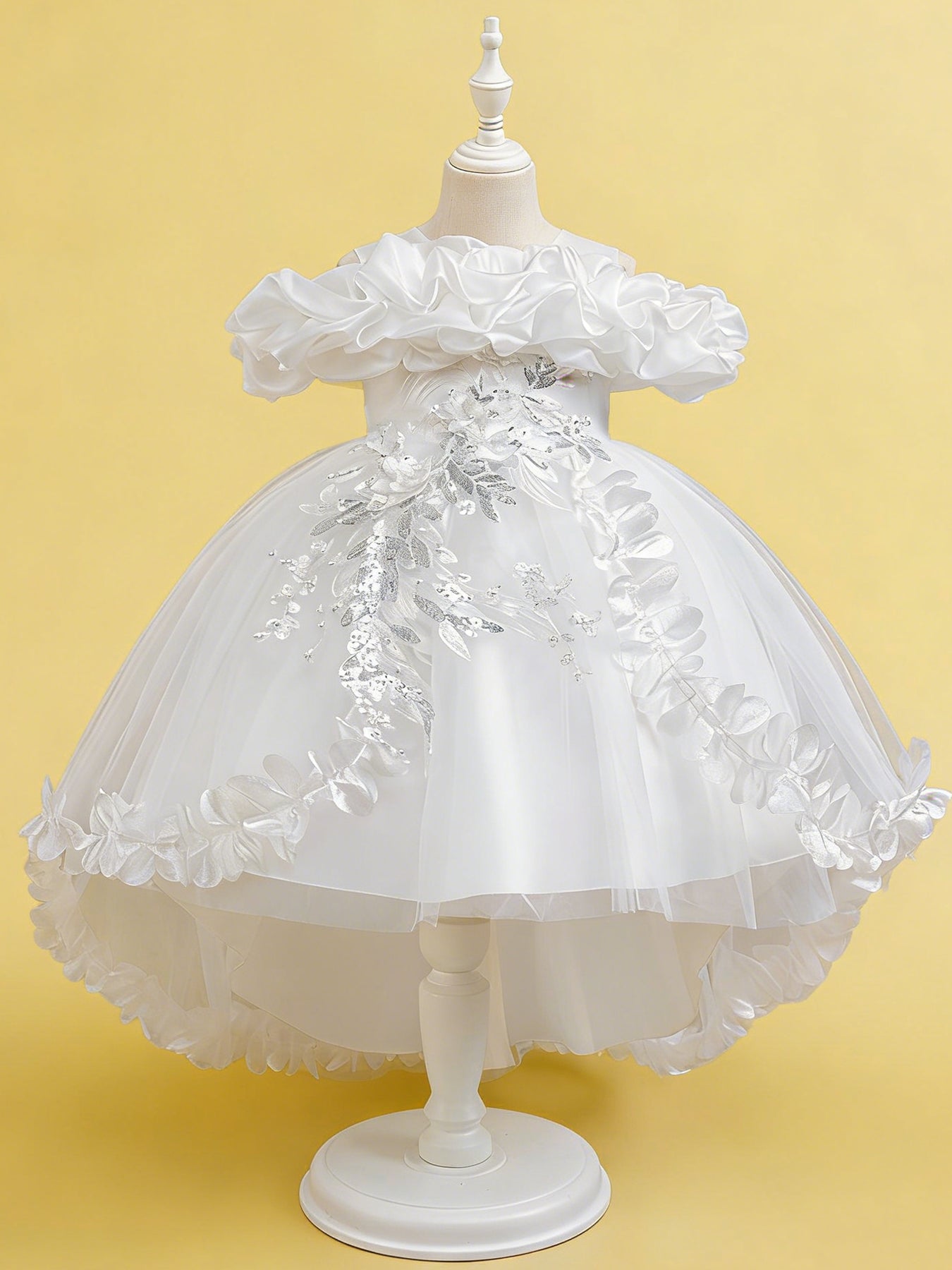 Blisseven white girls high low 3D floral princess dress front view