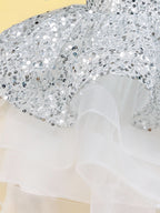 Blisseven white girls party dress with layered tulle skirt detail