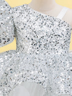 Blisseven white girls dress close up with one shoulder puff sleeve detail