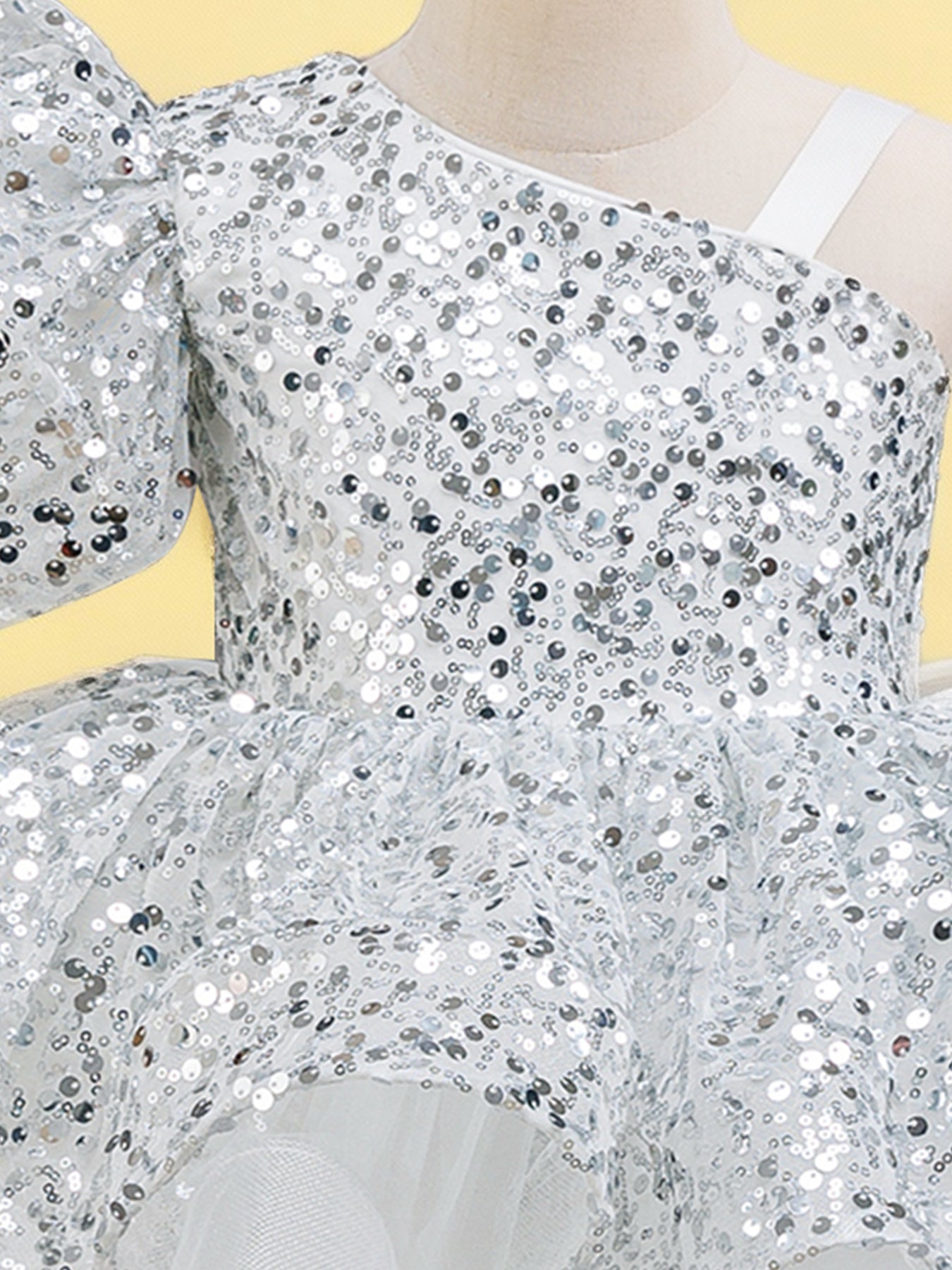 Blisseven white girls dress close up with one shoulder puff sleeve detail