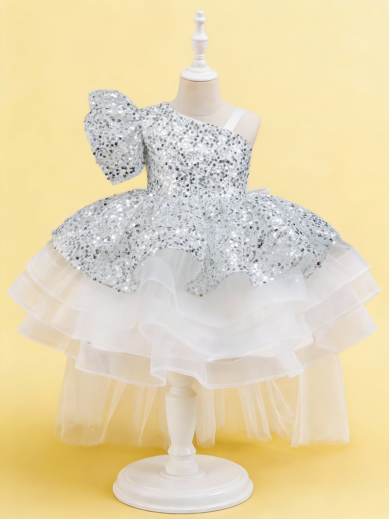 Blisseven white girls one shoulder sequin princess dress front view