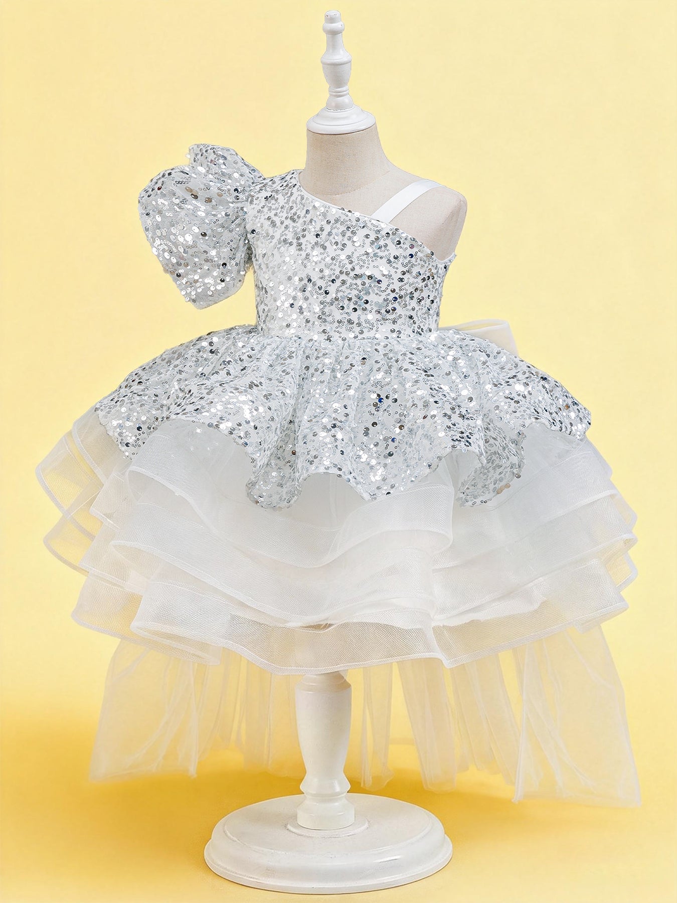 Blisseven white girls party dress side view with high low tulle skirt