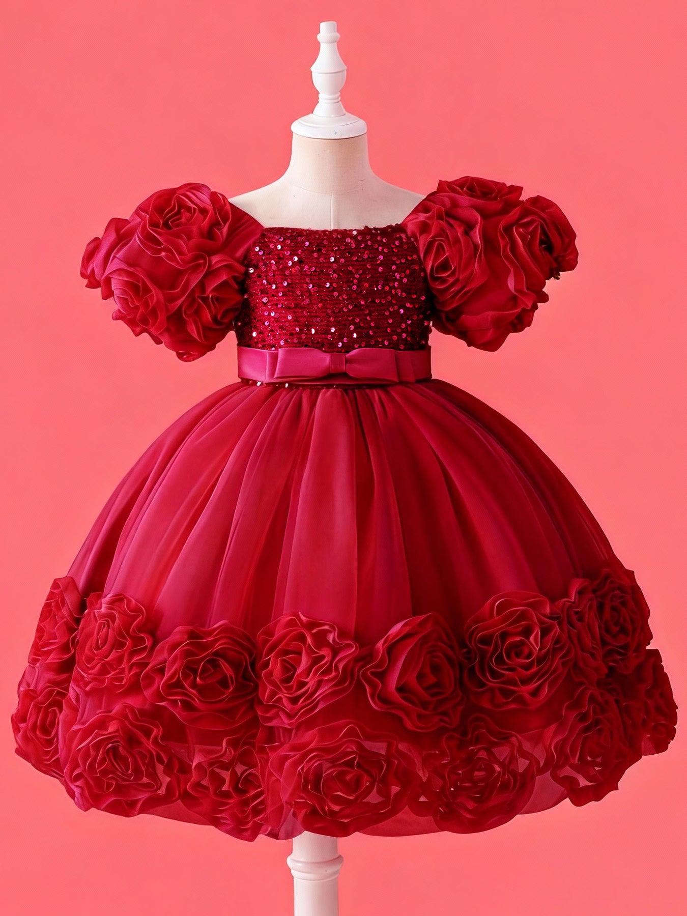 Blisseven LS8156 burgundy girls 3D floral sequin princess dress front view