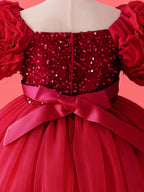 Burgundy layered tulle hem with 3D floral details on girls party dress