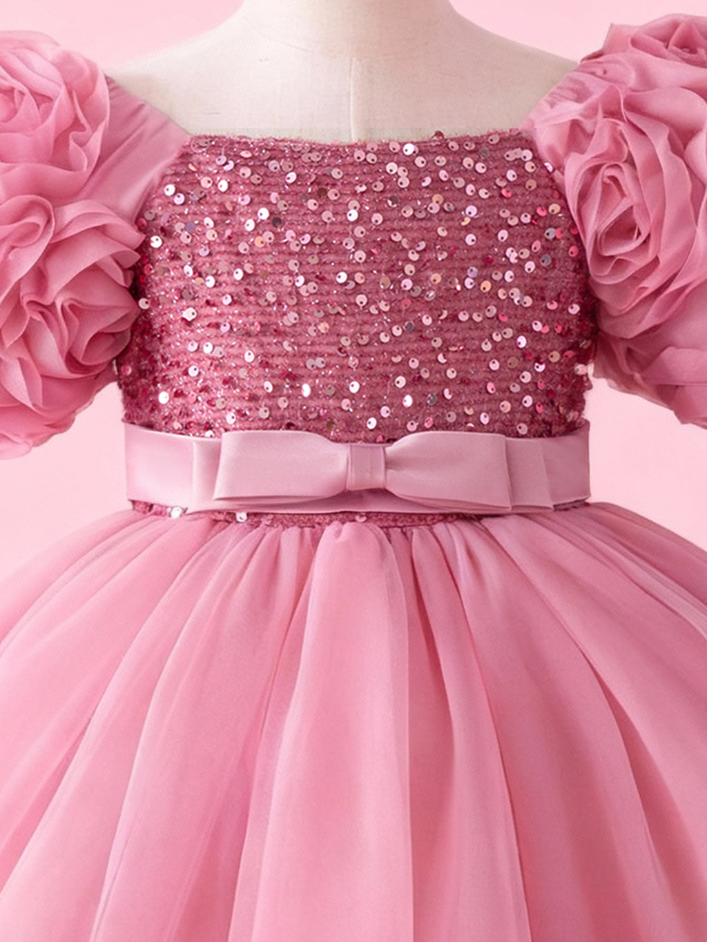 Dusty rose girls princess dress with sparkling sequin bodice back view