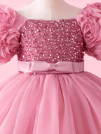 Dusty rose girls princess dress with sparkling sequin bodice back view