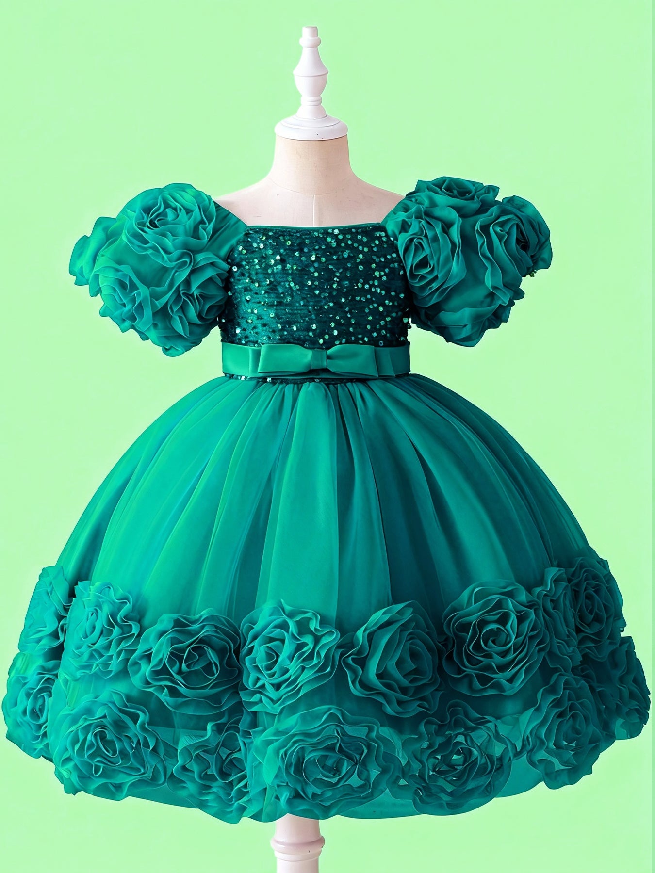 Blisseven LS8156 emerald green girls 3D floral sequin princess dress front view