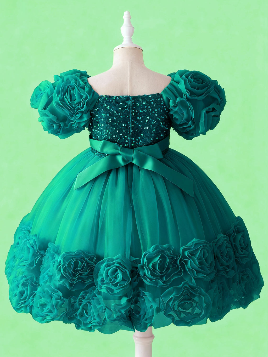 Emerald green flower girl tulle dress with 3D floral sleeves and layered skirt