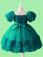 Emerald green flower girl tulle dress with 3D floral sleeves and layered skirt