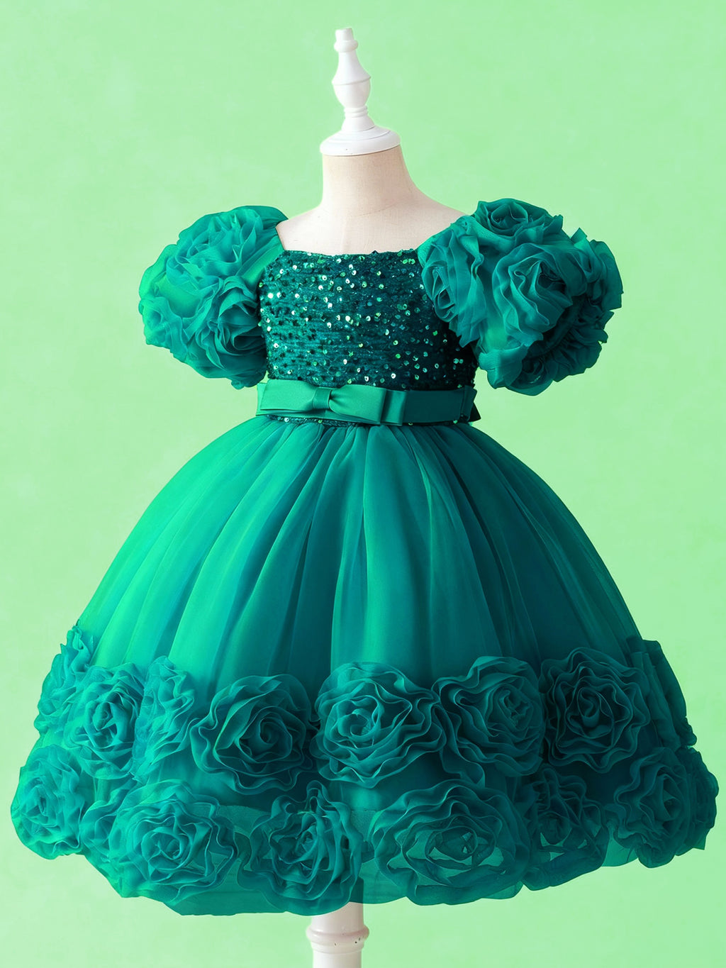 Emerald green girls princess dress with sparkling sequin bodice back view