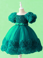 Emerald green girls princess dress with sparkling sequin bodice back view