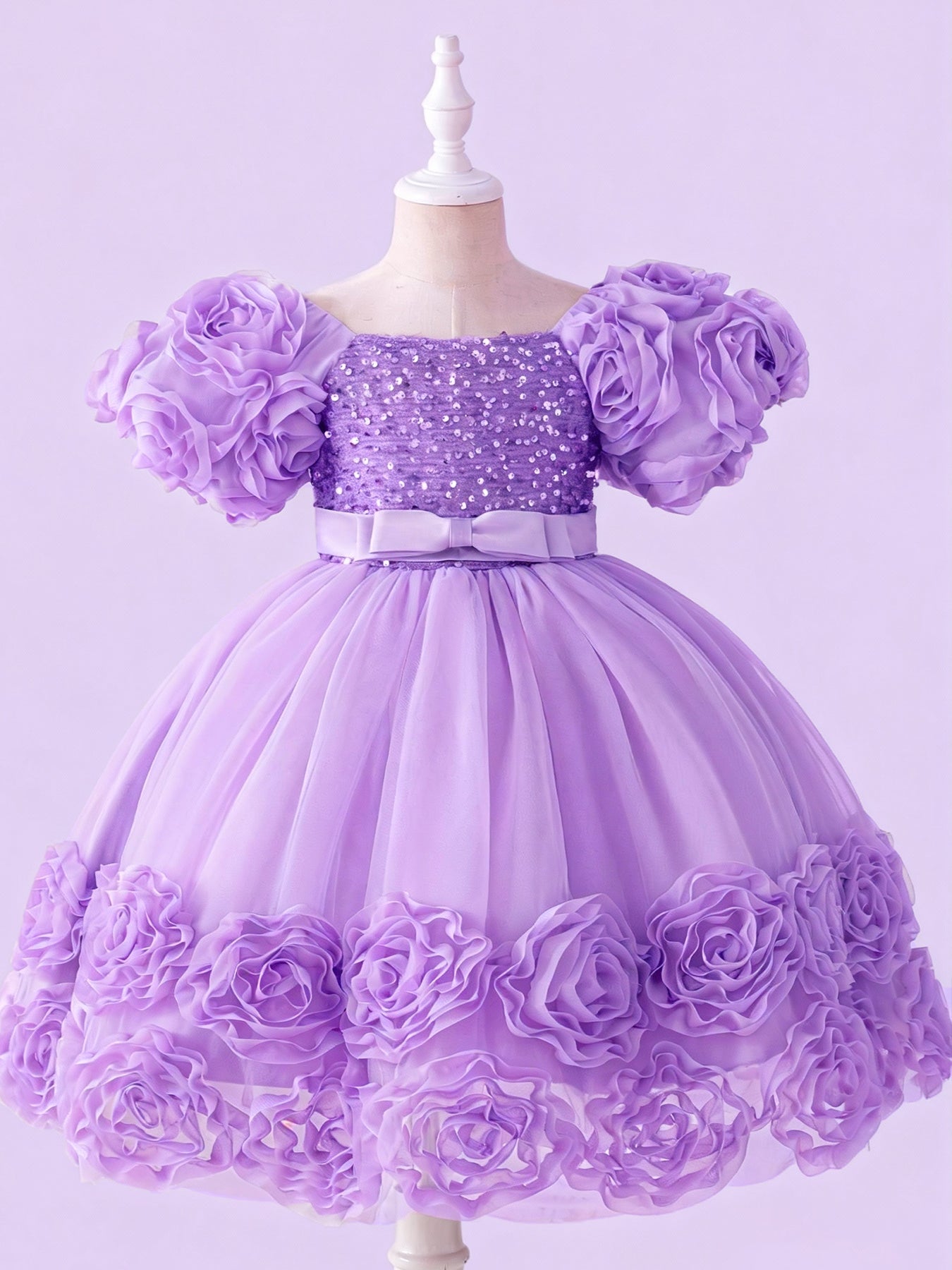 Blisseven LS8156 lavender girls 3D floral sequin princess dress front view