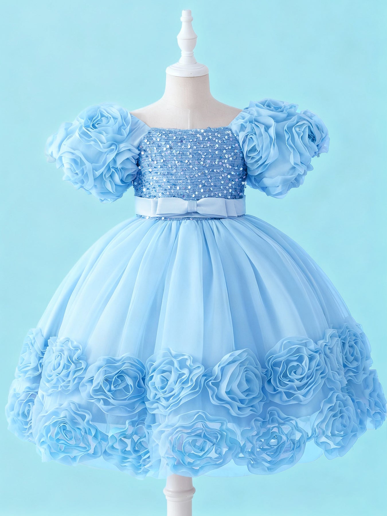 Blisseven LS8156 sky blue girls 3D floral sequin princess dress front view