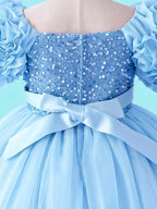 Close up of sky blue 3D floral sleeves on girls princess dress
