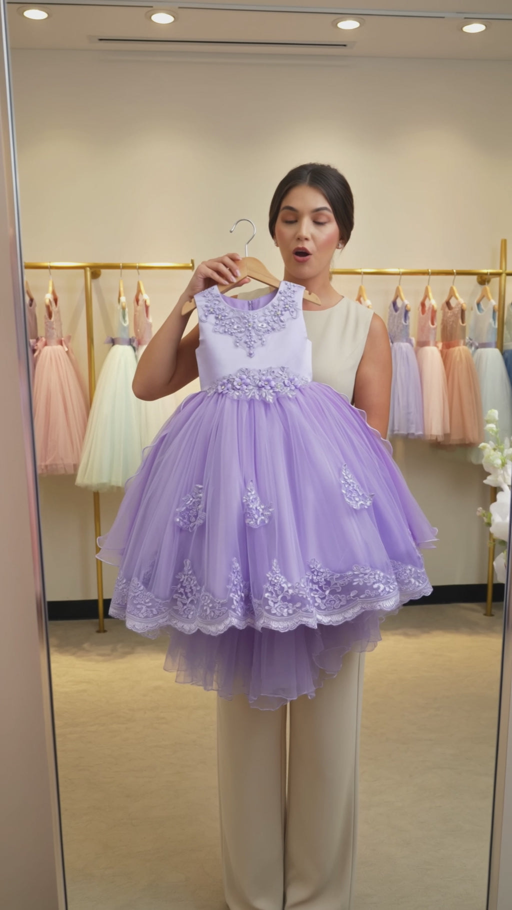 Blisseven girls high low lace princess dress video showing front and full dress details